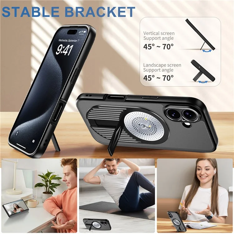 Per Iphone 16 Case Kickstand Silicone+PC Copertura Del Telefono Dissipazione di Calore Del Grafene - Nero