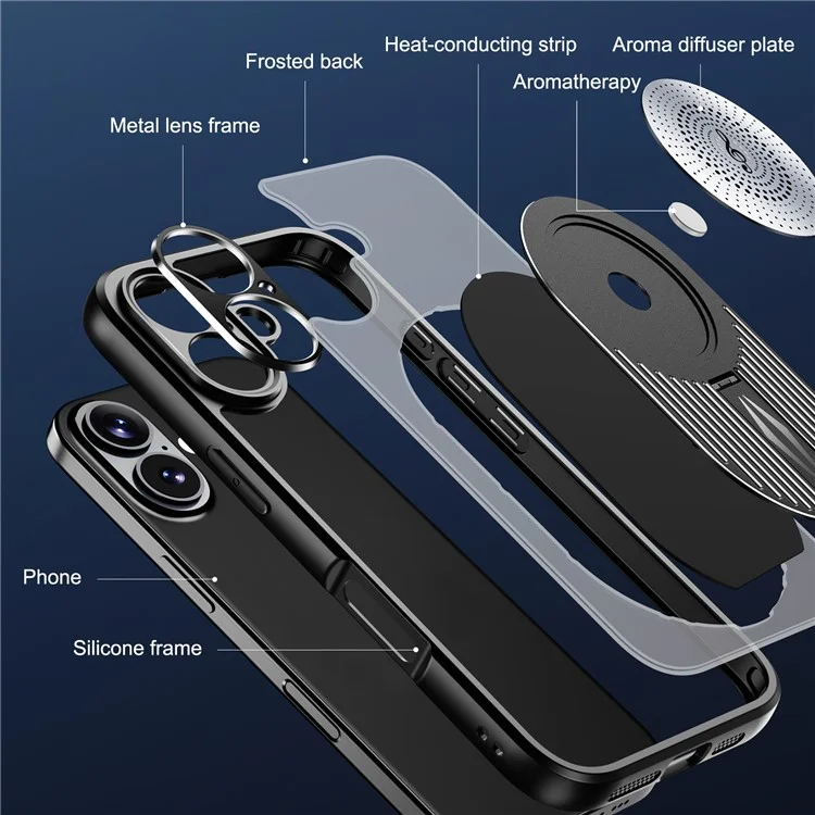 Per Iphone 16 Case Kickstand Silicone+PC Copertura Del Telefono Dissipazione di Calore Del Grafene - Nero