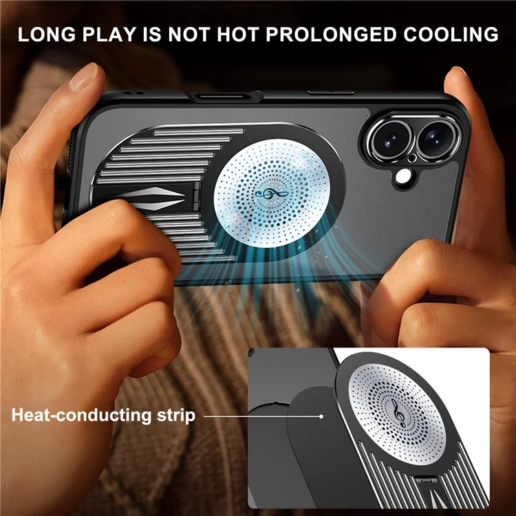 Per Iphone 16 Case Kickstand Silicone+PC Copertura Del Telefono Dissipazione di Calore Del Grafene - Nero