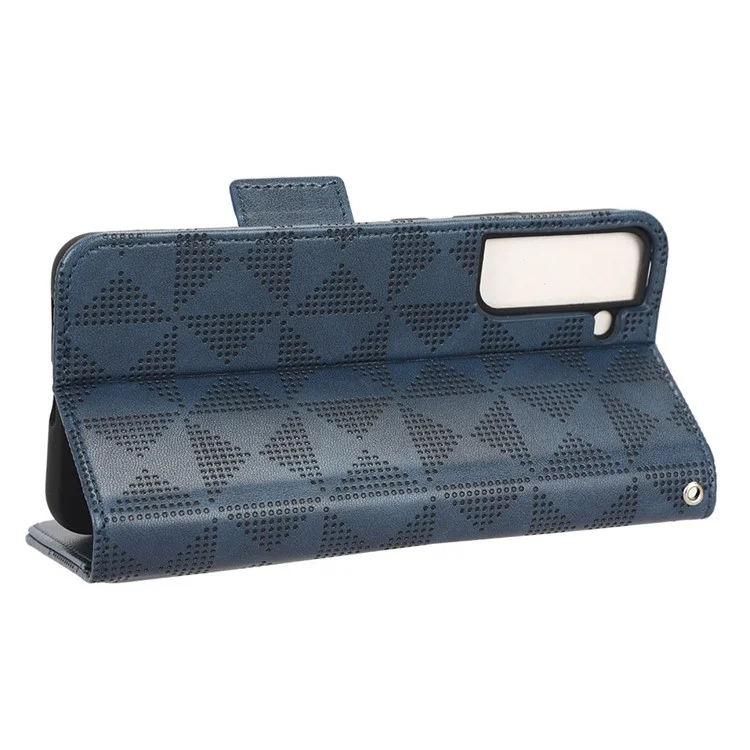 Imprinted Triangle Pattern PU Leather Case for Samsung Galaxy S22 5G, Magnetic Closure Phone Wallet Stand Cover - Blue