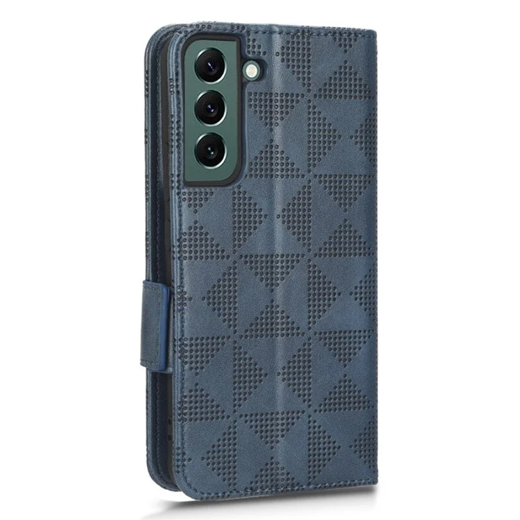 Imprinted Triangle Pattern PU Leather Case for Samsung Galaxy S22 5G, Magnetic Closure Phone Wallet Stand Cover - Blue