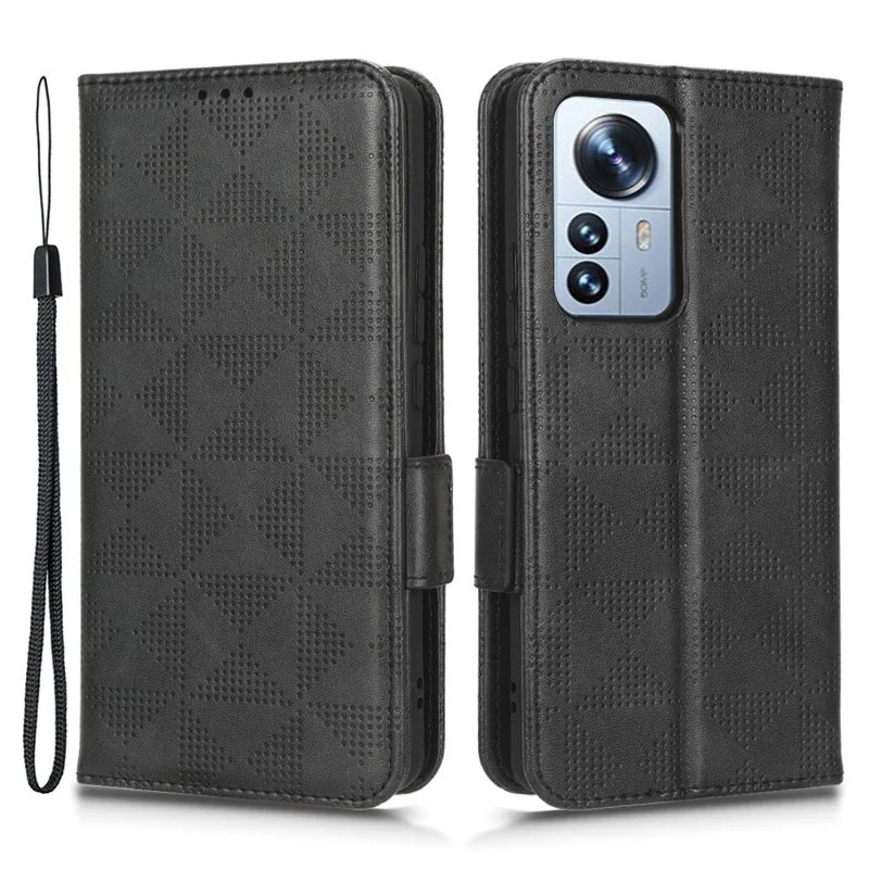 Anti-scratch Phone Case for Xiaomi 12 5G / 12X 5G / 12S 5G, PU Leather Imprinted Triangle Pattern Folio Flip Cover with Wallet Stand - Black