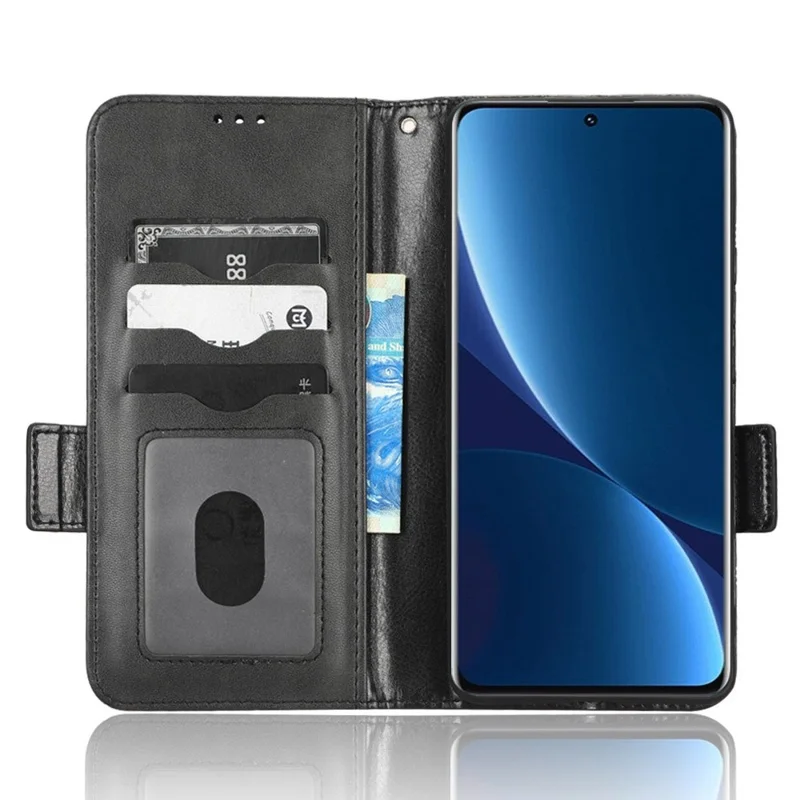 Anti-scratch Phone Case for Xiaomi 12 5G / 12X 5G / 12S 5G, PU Leather Imprinted Triangle Pattern Folio Flip Cover with Wallet Stand - Black