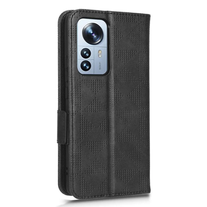 Anti-scratch Phone Case for Xiaomi 12 5G / 12X 5G / 12S 5G, PU Leather Imprinted Triangle Pattern Folio Flip Cover with Wallet Stand - Black