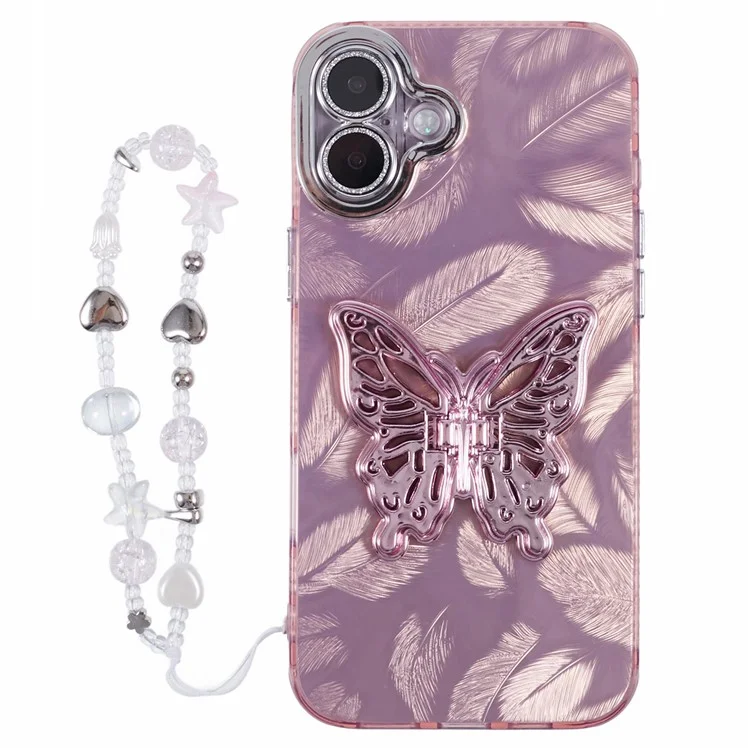 Para Iphone 16 Plus Case Butterfly Kickstand PC+TPU IMD Telep Cortada Con Película de Lentes / Correa de Cuentas - Patrón de Plumas / Rosa