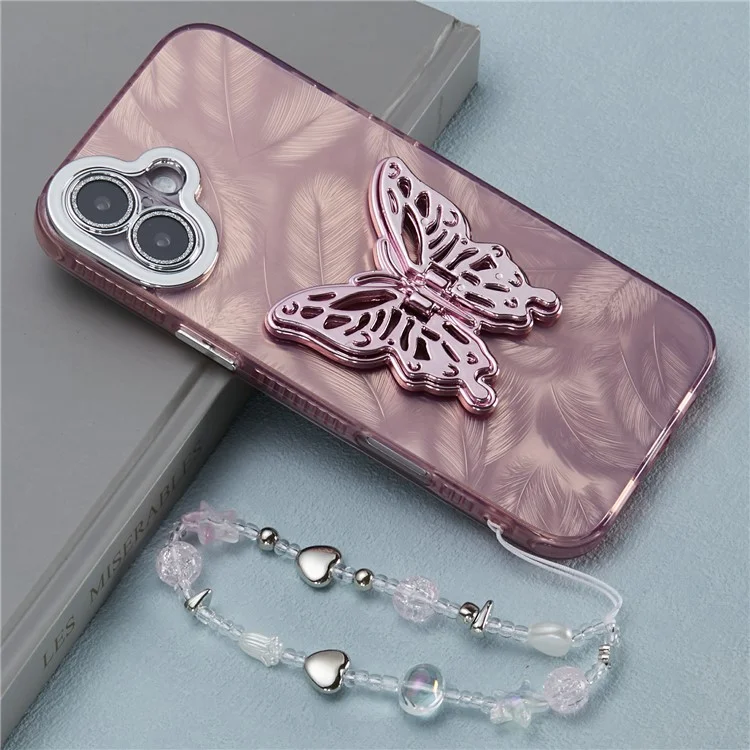 Para Iphone 16 Plus Case Butterfly Kickstand PC+TPU IMD Telep Cortada Con Película de Lentes / Correa de Cuentas - Patrón de Plumas / Rosa
