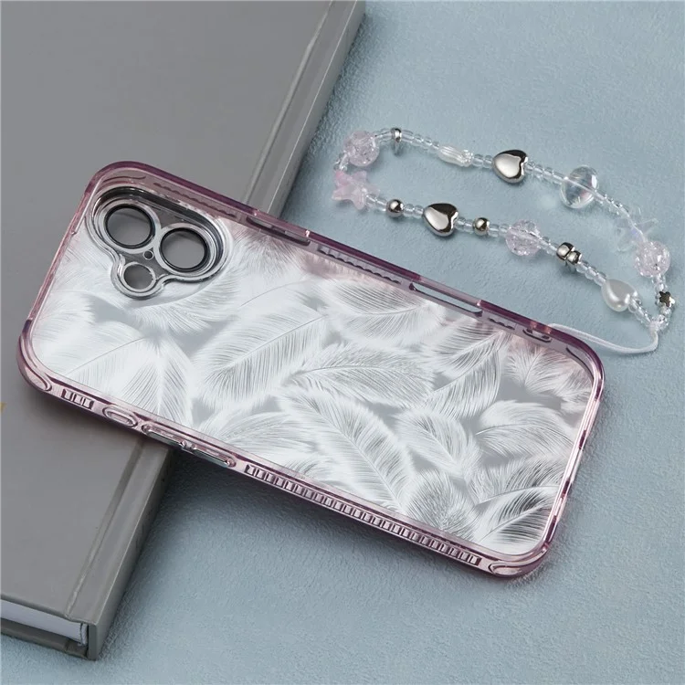 Para Iphone 16 Plus Case Butterfly Kickstand PC+TPU IMD Telep Cortada Con Película de Lentes / Correa de Cuentas - Patrón de Plumas / Rosa