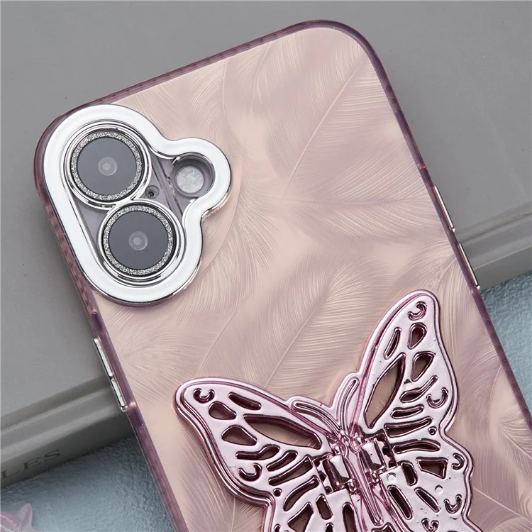 Para Iphone 16 Plus Case Butterfly Kickstand PC+TPU IMD Telep Cortada Con Película de Lentes / Correa de Cuentas - Patrón de Plumas / Rosa