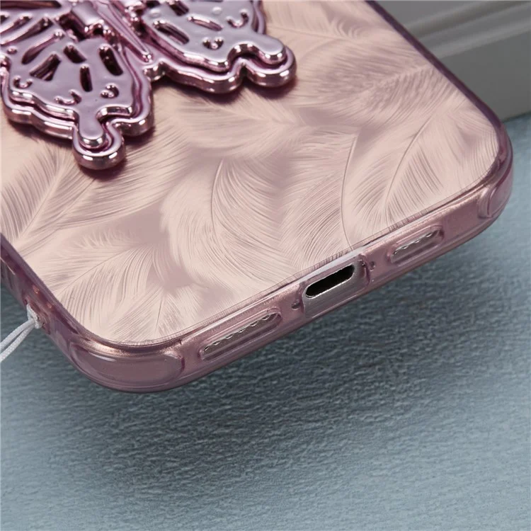 Para Iphone 16 Plus Case Butterfly Kickstand PC+TPU IMD Telep Cortada Con Película de Lentes / Correa de Cuentas - Patrón de Plumas / Rosa