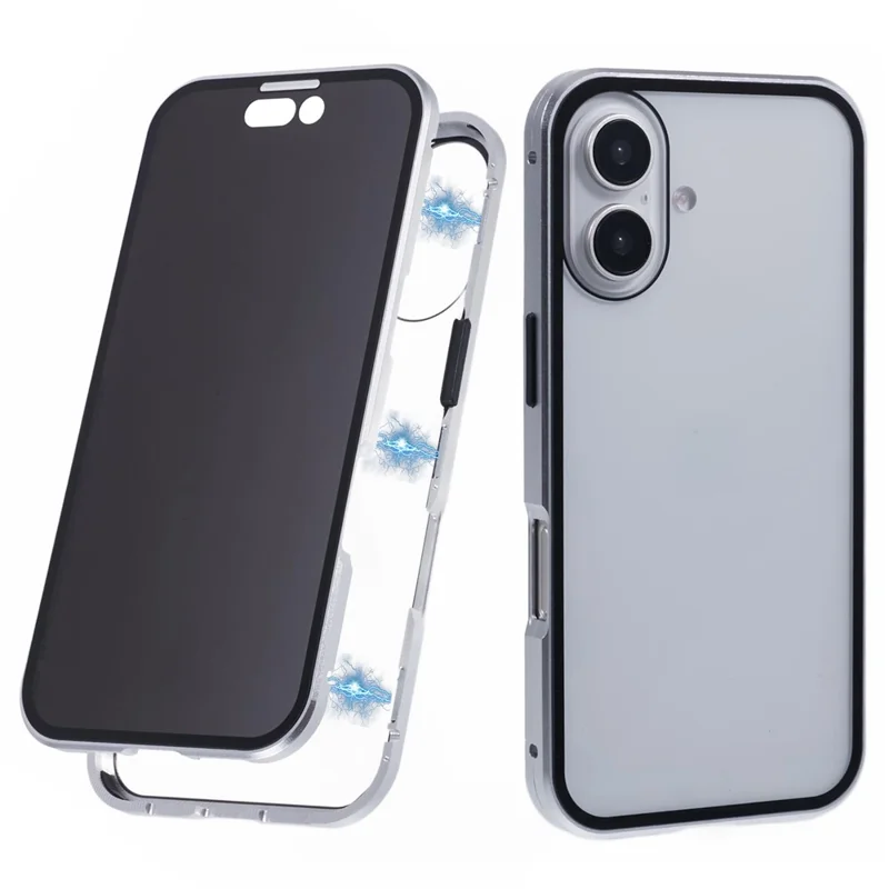 For iPhone 16 Plus Anti-Spy Case Magnetic Metal Frame + Double-Sided Tempered Glass Phone Cover - Silver