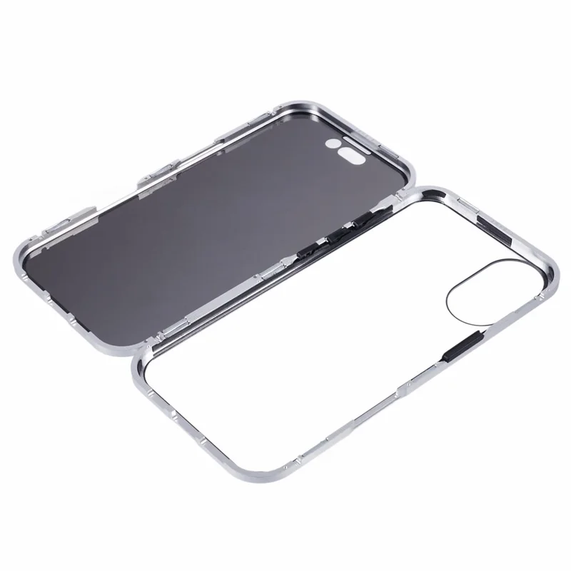 For iPhone 16 Plus Anti-Spy Case Magnetic Metal Frame + Double-Sided Tempered Glass Phone Cover - Silver