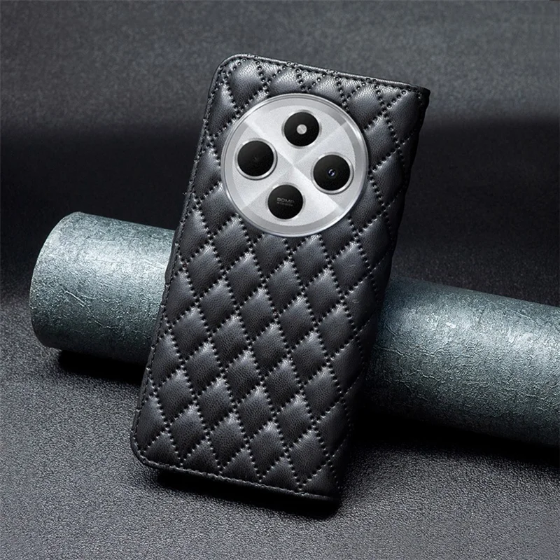 BINFEN COLOR BF Style-14 per Xiaomi Poco C75 4G / Redmi 14R 5G / 14C 4G Case Rhombus Phone Leather Cover Stand - Nero