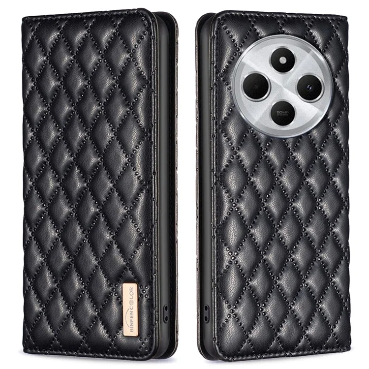BINFEN COLOR BF Style-16 per Xiaomi Poco C75 4G / Redmi 14R 5G / 14C 4G Custodia con Slot per Schede Copertura in Pelle Rombo - Nero