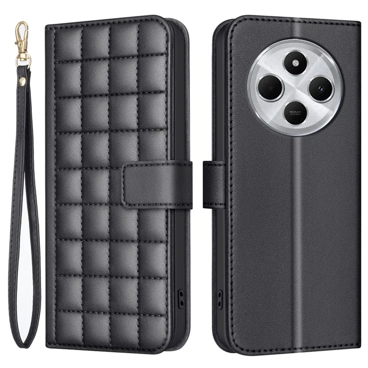 BINFEN COLOR BF34 for Xiaomi Poco C75 4G / Redmi 14R 5G / 14C 4G Leather Case Wallet Square Grid Phone Cover - Black