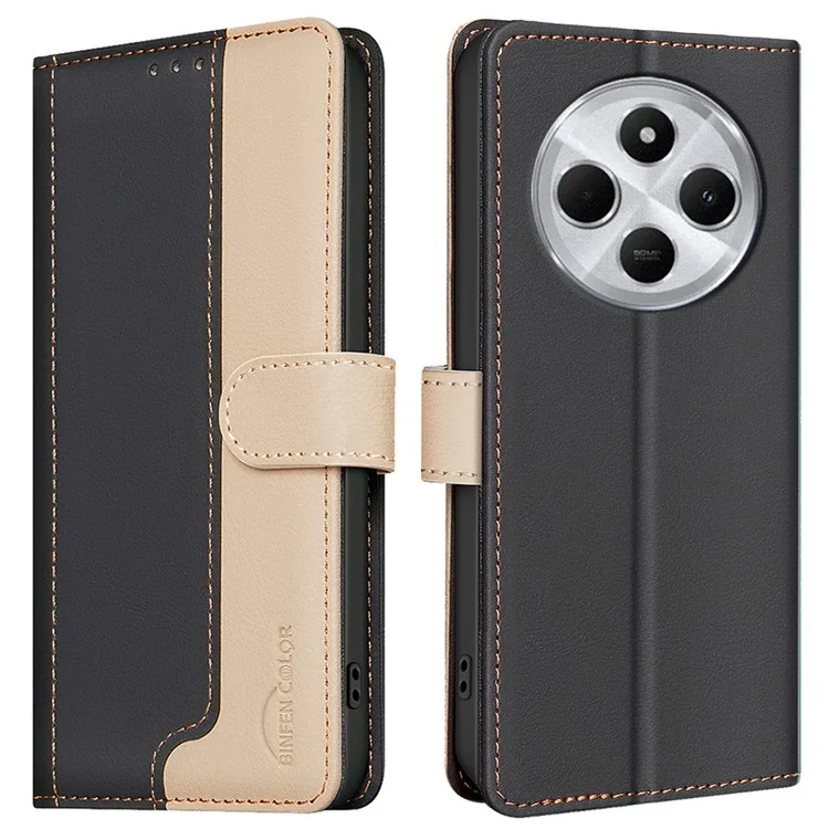 BINFEN COLOR BF33 für Xiaomi Poco C75 4G / Redmi 14R 5G / 14C 4G Lederhülle mit Farbakzenten und RFID-Blockierung - Schwarz