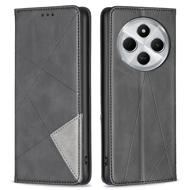 Für Xiaomi Poco C75 4G / Redmi 14R 5G / 14C 4G Case Card Slots Geometry Imprint Lederhandyhülle - Schwarz