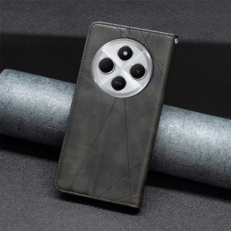 Für Xiaomi Poco C75 4G / Redmi 14R 5G / 14C 4G Case Card Slots Geometry Imprint Lederhandyhülle - Schwarz