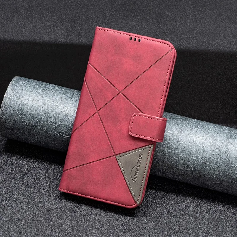 BINFEN COLOR For TECNO Spark 20 Pro 5G Phone Cases Wallet Stand Geometry Imprint Leather Cover - Red