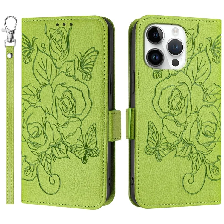 For iPhone 16 Pro Max Case Rose Imprinted RFID Blocking Leather Phone Cover with Strap - Green