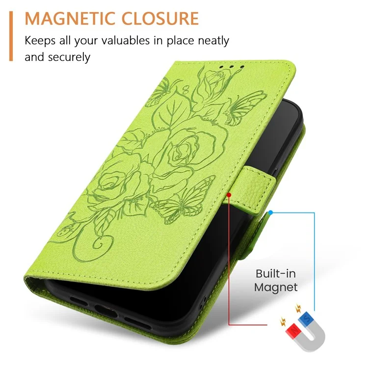 For iPhone 16 Pro Max Case Rose Imprinted RFID Blocking Leather Phone Cover with Strap - Green