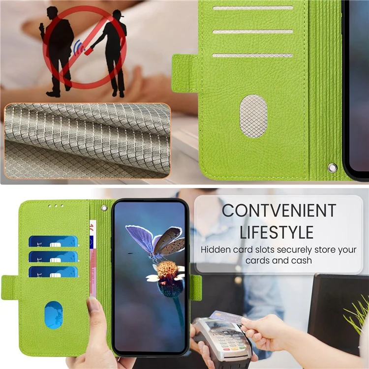 For iPhone 16 Pro Max Case Rose Imprinted RFID Blocking Leather Phone Cover with Strap - Green