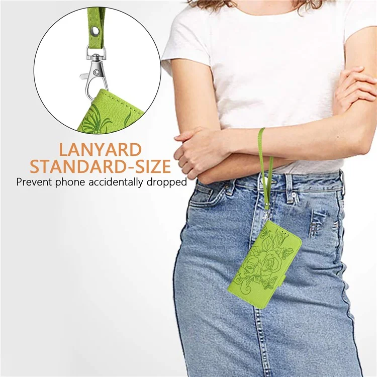 For iPhone 16 Pro Max Case Rose Imprinted RFID Blocking Leather Phone Cover with Strap - Green