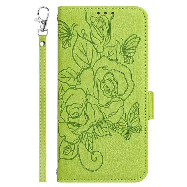 For iPhone 16 Pro Max Case Rose Imprinted RFID Blocking Leather Phone Cover with Strap - Green