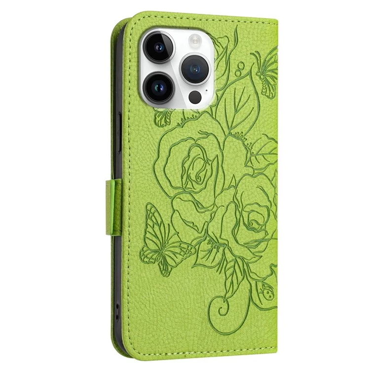 For iPhone 16 Pro Max Case Rose Imprinted RFID Blocking Leather Phone Cover with Strap - Green