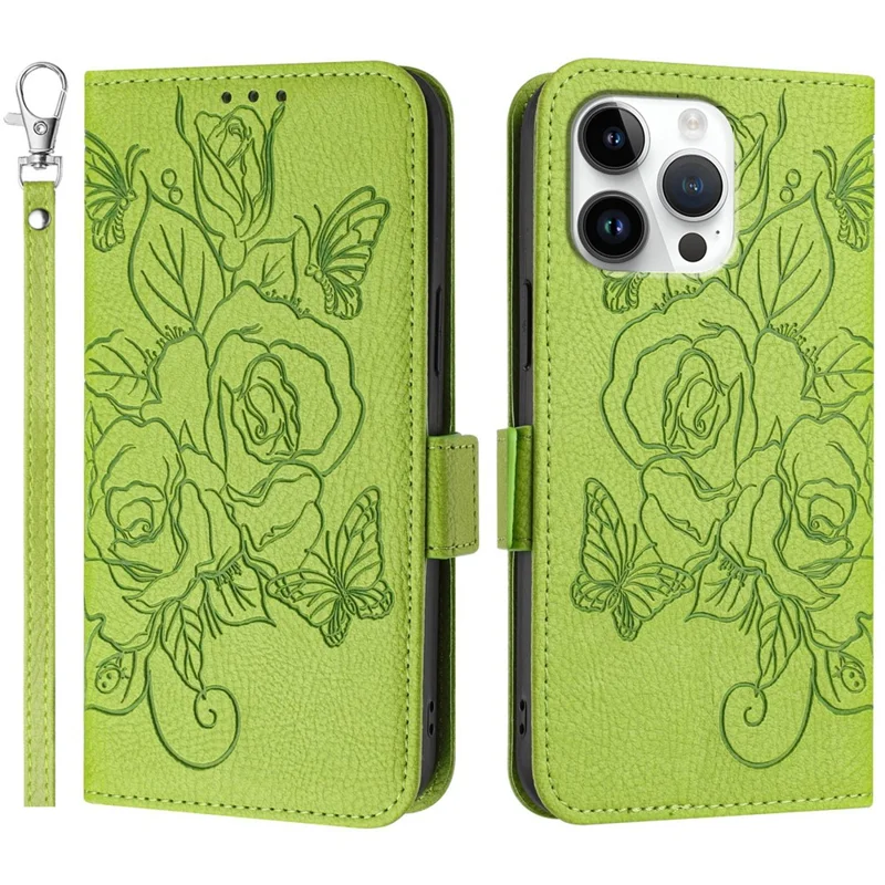 For iPhone 16 Pro Case Rose Imprinted RFID Blocking Leather Phone Cover with Strap - Green