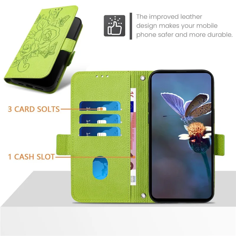 For iPhone 16 Pro Case Rose Imprinted RFID Blocking Leather Phone Cover with Strap - Green