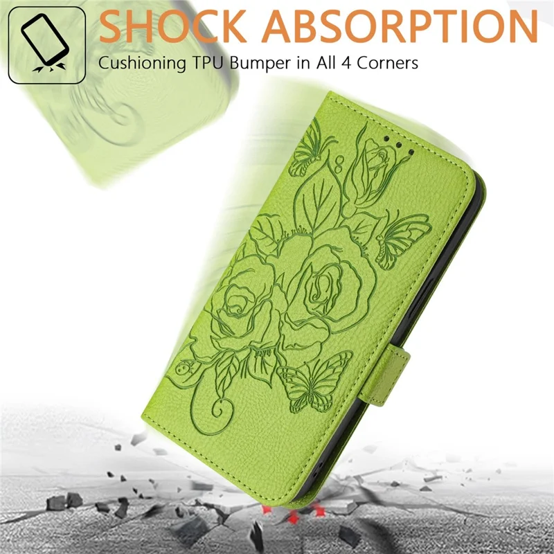 For iPhone 16 Pro Case Rose Imprinted RFID Blocking Leather Phone Cover with Strap - Green