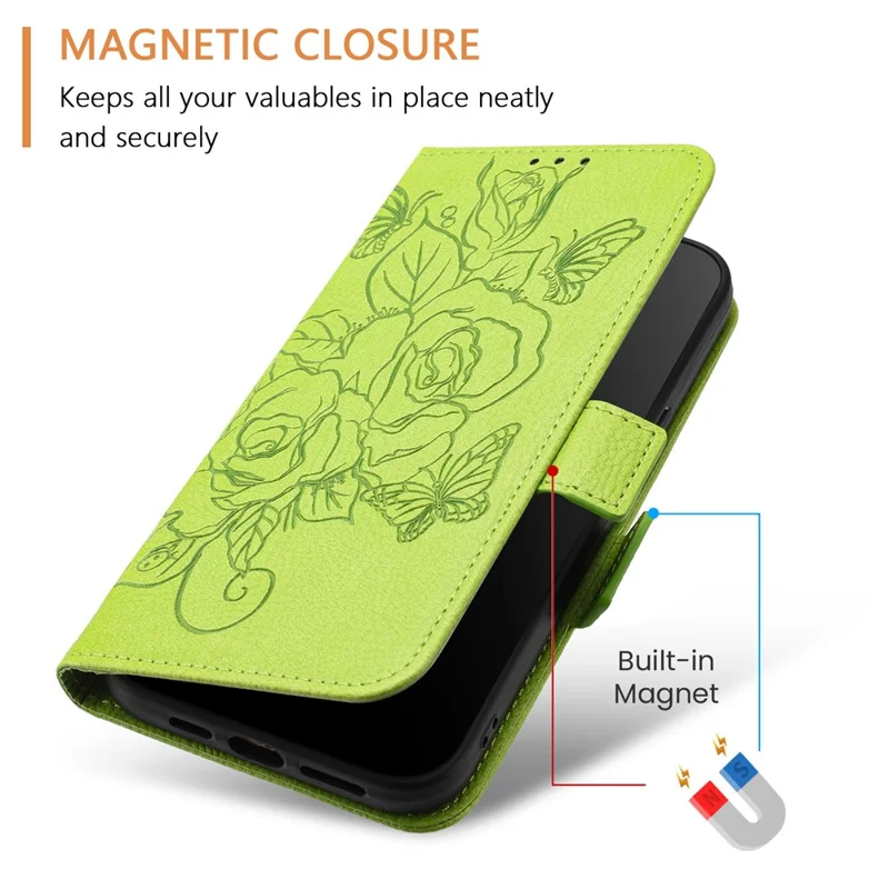 For iPhone 16 Pro Case Rose Imprinted RFID Blocking Leather Phone Cover with Strap - Green
