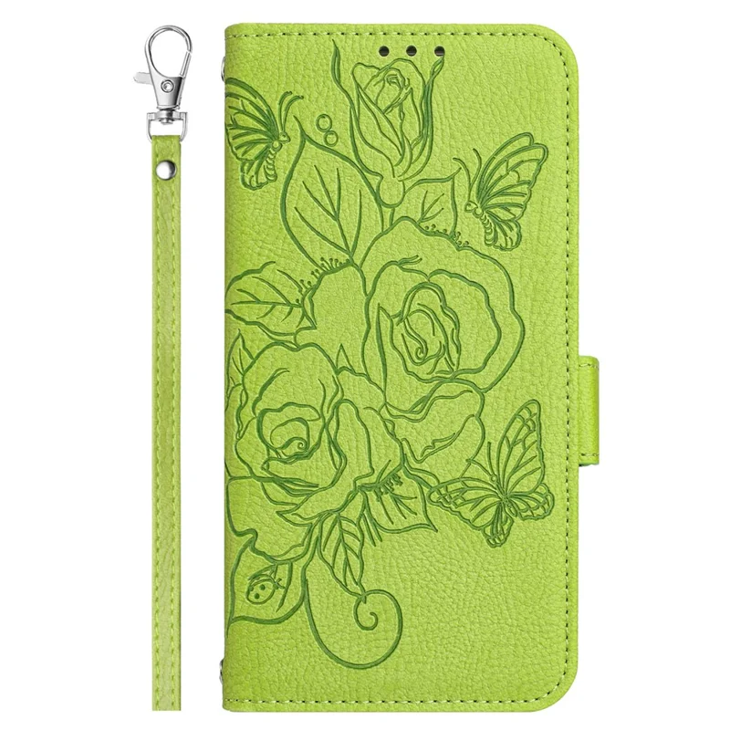 For iPhone 16 Pro Case Rose Imprinted RFID Blocking Leather Phone Cover with Strap - Green