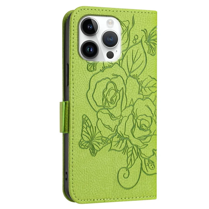 For iPhone 16 Pro Case Rose Imprinted RFID Blocking Leather Phone Cover with Strap - Green