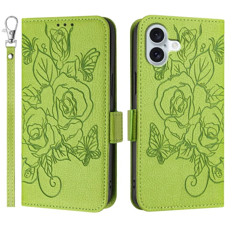 For iPhone 16 Case Rose Imprinted RFID Blocking Leather Phone Cover with Strap - Green