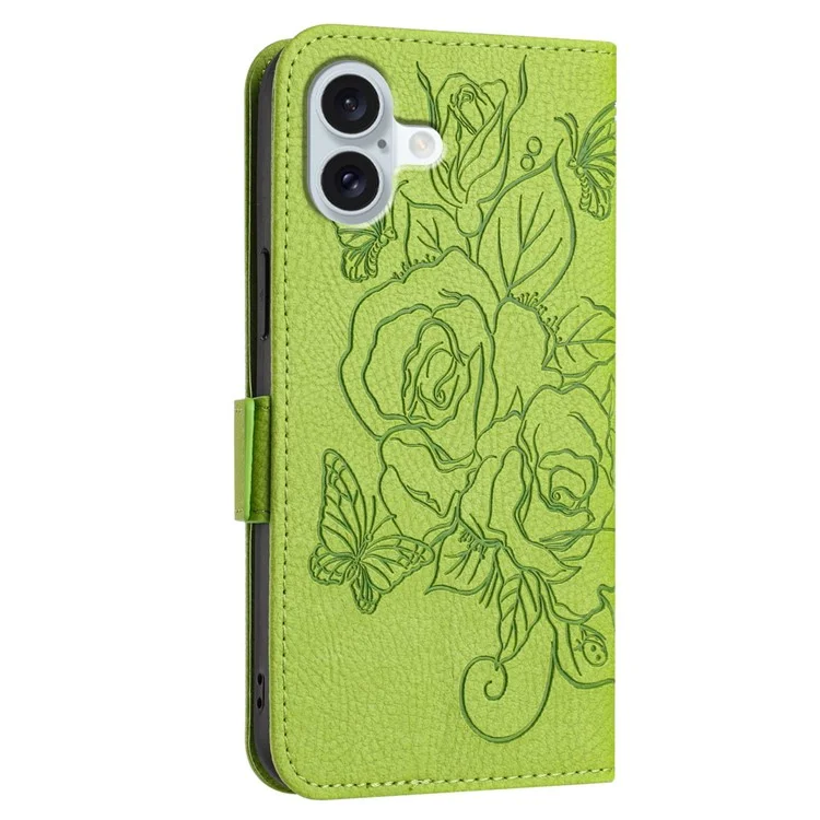 For iPhone 16 Case Rose Imprinted RFID Blocking Leather Phone Cover with Strap - Green