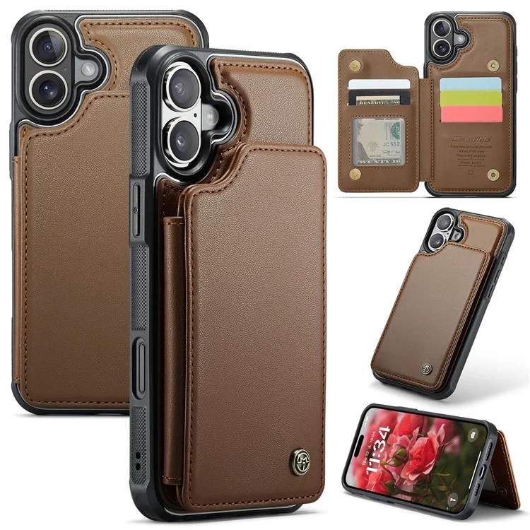 CASEME C22 серия для iPhone 16 Plus, кожаный чехол с покрытием из TPU, RFID-блокировка, 5 слотов для карт - коричневый