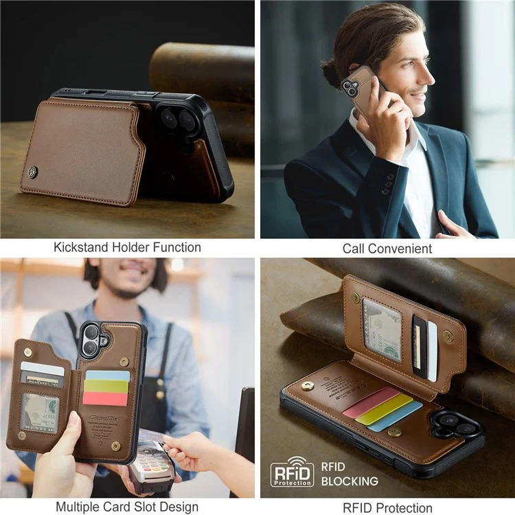 CASEME C22 серия для iPhone 16 Plus, кожаный чехол с покрытием из TPU, RFID-блокировка, 5 слотов для карт - коричневый
