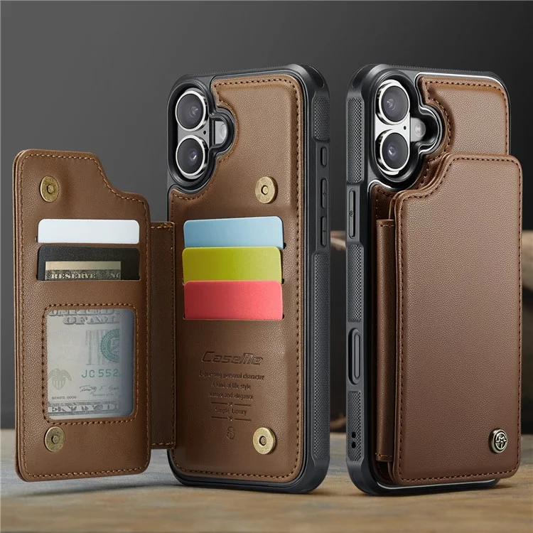 CASEME C22 серия для iPhone 16 Plus, кожаный чехол с покрытием из TPU, RFID-блокировка, 5 слотов для карт - коричневый
