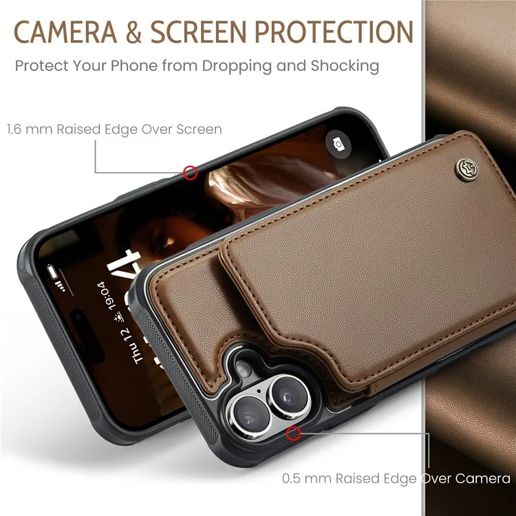 CASEME C22 серия для iPhone 16 Plus, кожаный чехол с покрытием из TPU, RFID-блокировка, 5 слотов для карт - коричневый
