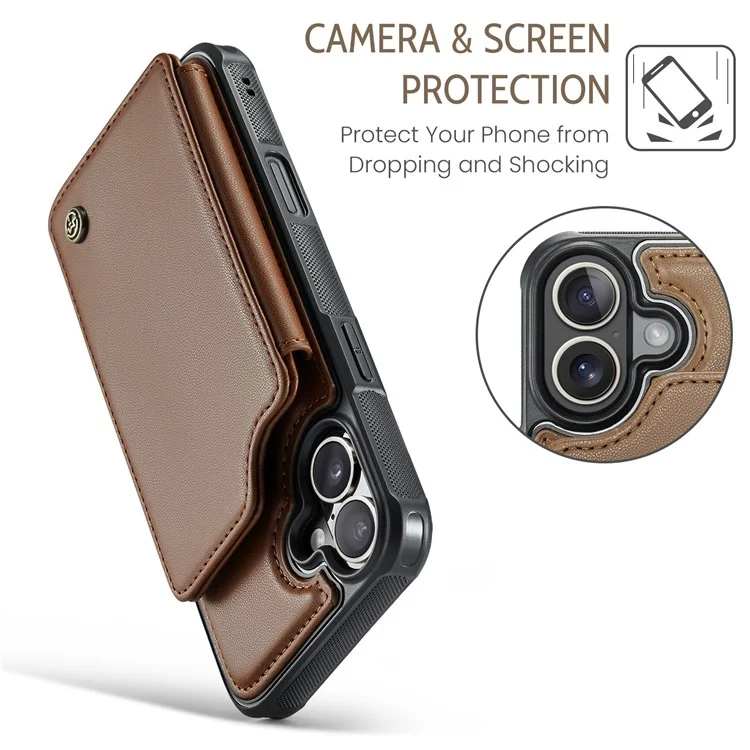 CASEME C22 серия для iPhone 16 Plus, кожаный чехол с покрытием из TPU, RFID-блокировка, 5 слотов для карт - коричневый