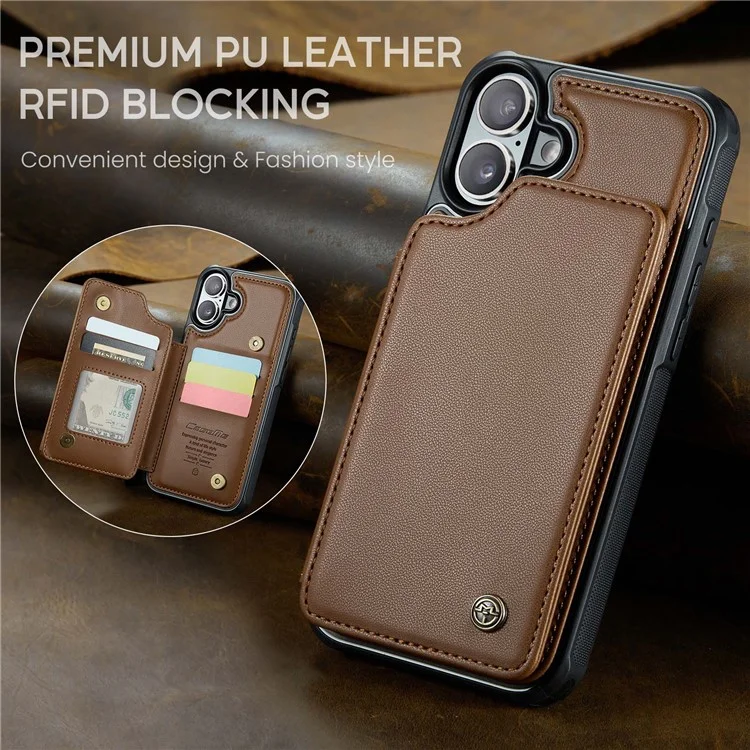 CASEME C22 серия для iPhone 16 Plus, кожаный чехол с покрытием из TPU, RFID-блокировка, 5 слотов для карт - коричневый