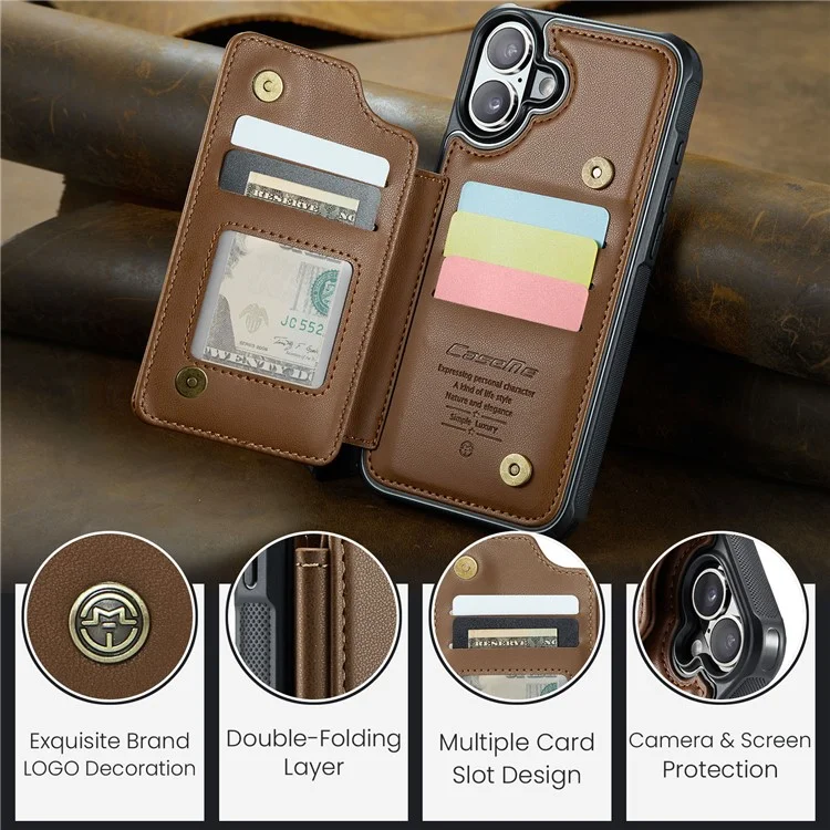 CASEME C22 серия для iPhone 16 Plus, кожаный чехол с покрытием из TPU, RFID-блокировка, 5 слотов для карт - коричневый