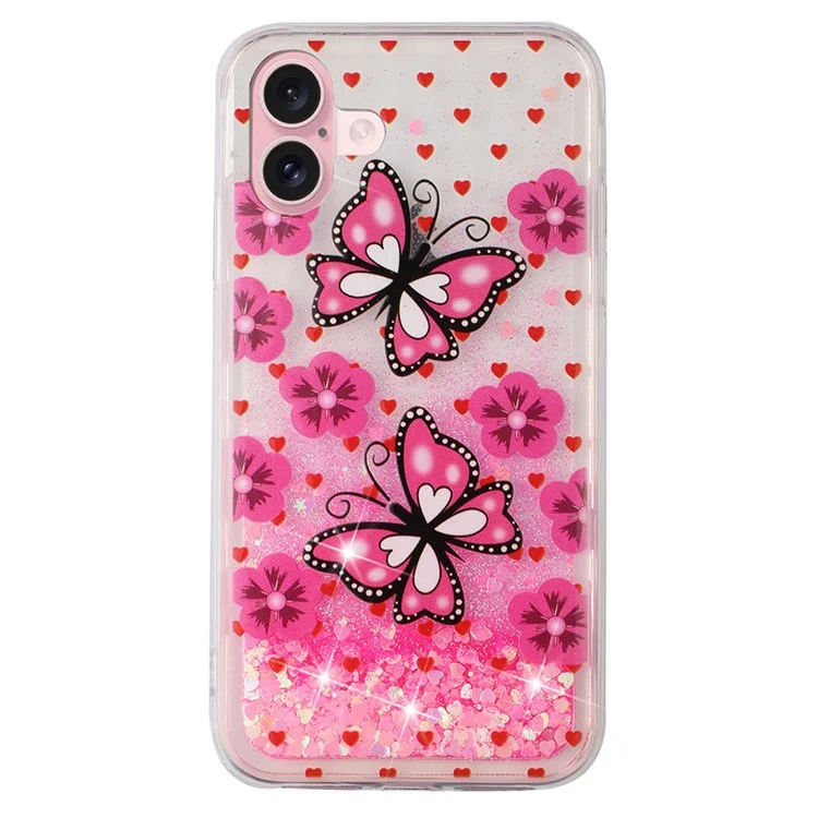Для Iphone 16 Plus Case Floating Quicksand Pattern Soft Tpu Back Cover - Красные Бабочки