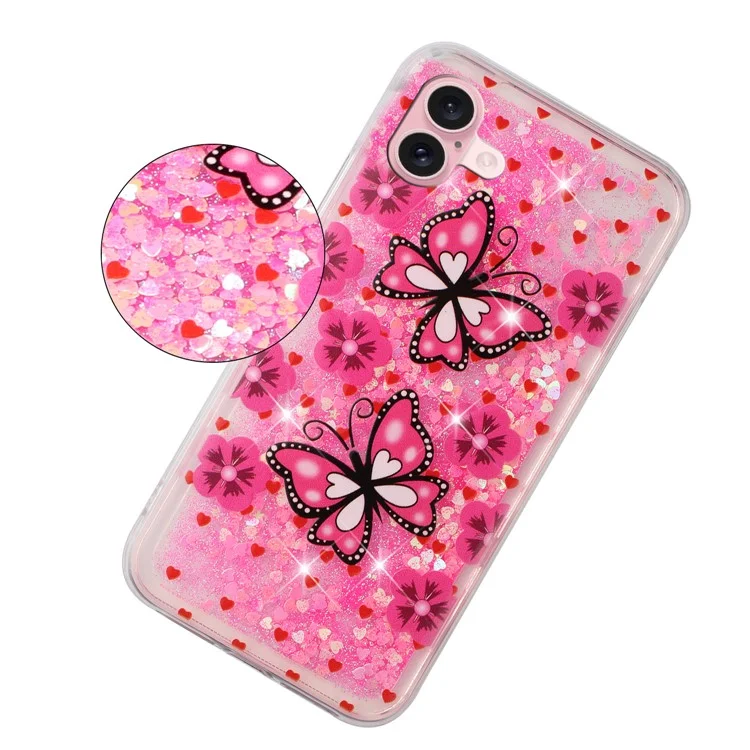 Для Iphone 16 Plus Case Floating Quicksand Pattern Soft Tpu Back Cover - Красные Бабочки