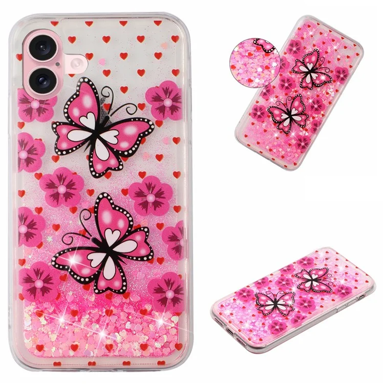 Для Iphone 16 Plus Case Floating Quicksand Pattern Soft Tpu Back Cover - Красные Бабочки