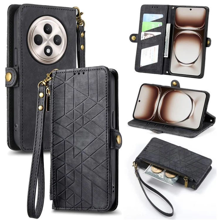 Per Oppo Reno12 F 5G Case Zipper Wallet Geometry Lines Cover Del Telefono in Pelle - Nero