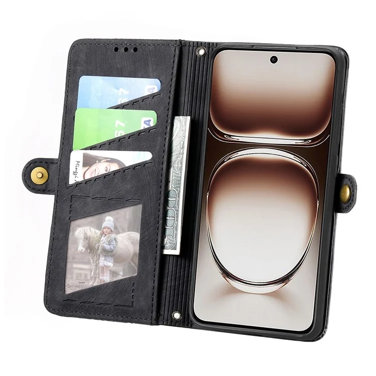 Per Oppo Reno12 F 5G Case Zipper Wallet Geometry Lines Cover Del Telefono in Pelle - Nero