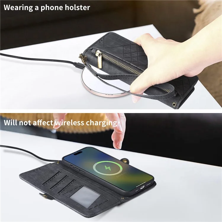 Per Oppo Reno12 F 5G Case Zipper Wallet Geometry Lines Cover Del Telefono in Pelle - Nero
