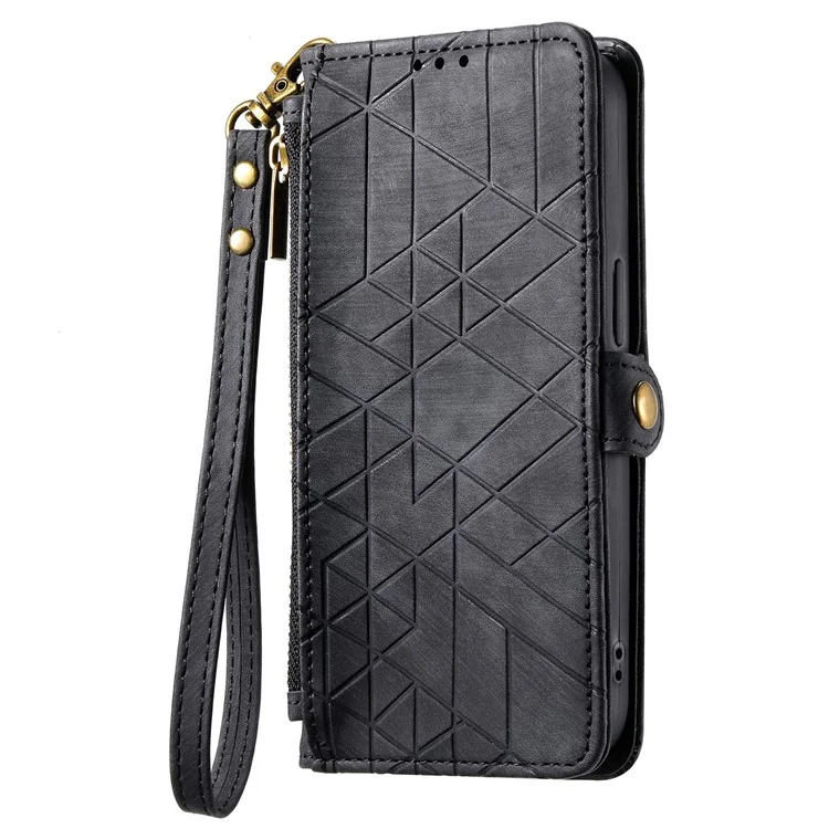 Per Oppo Reno12 F 5G Case Zipper Wallet Geometry Lines Cover Del Telefono in Pelle - Nero